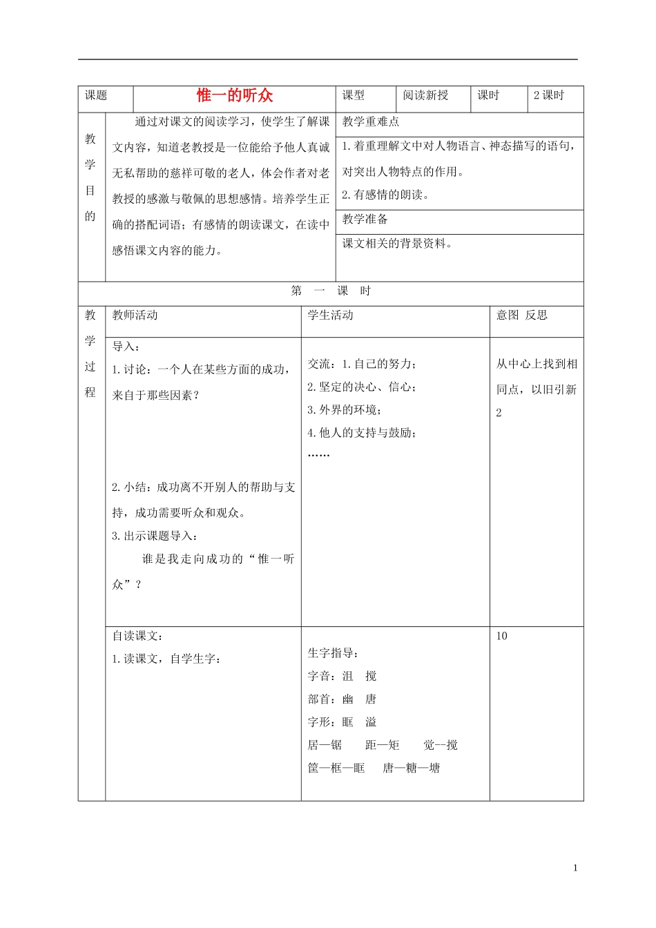 六年级语文下册 惟一的听众 4教案 北京版_第1页