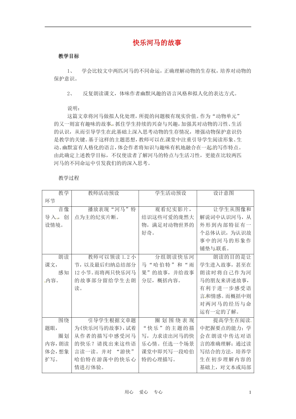六年级语文上册  6.32《快乐河马的故事》教案 上海版_第1页
