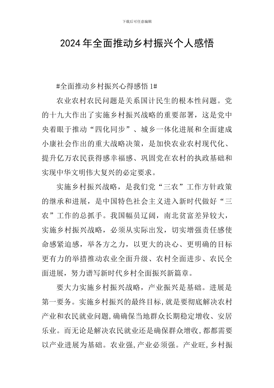 2024年全面推进乡村振兴个人感悟_第1页