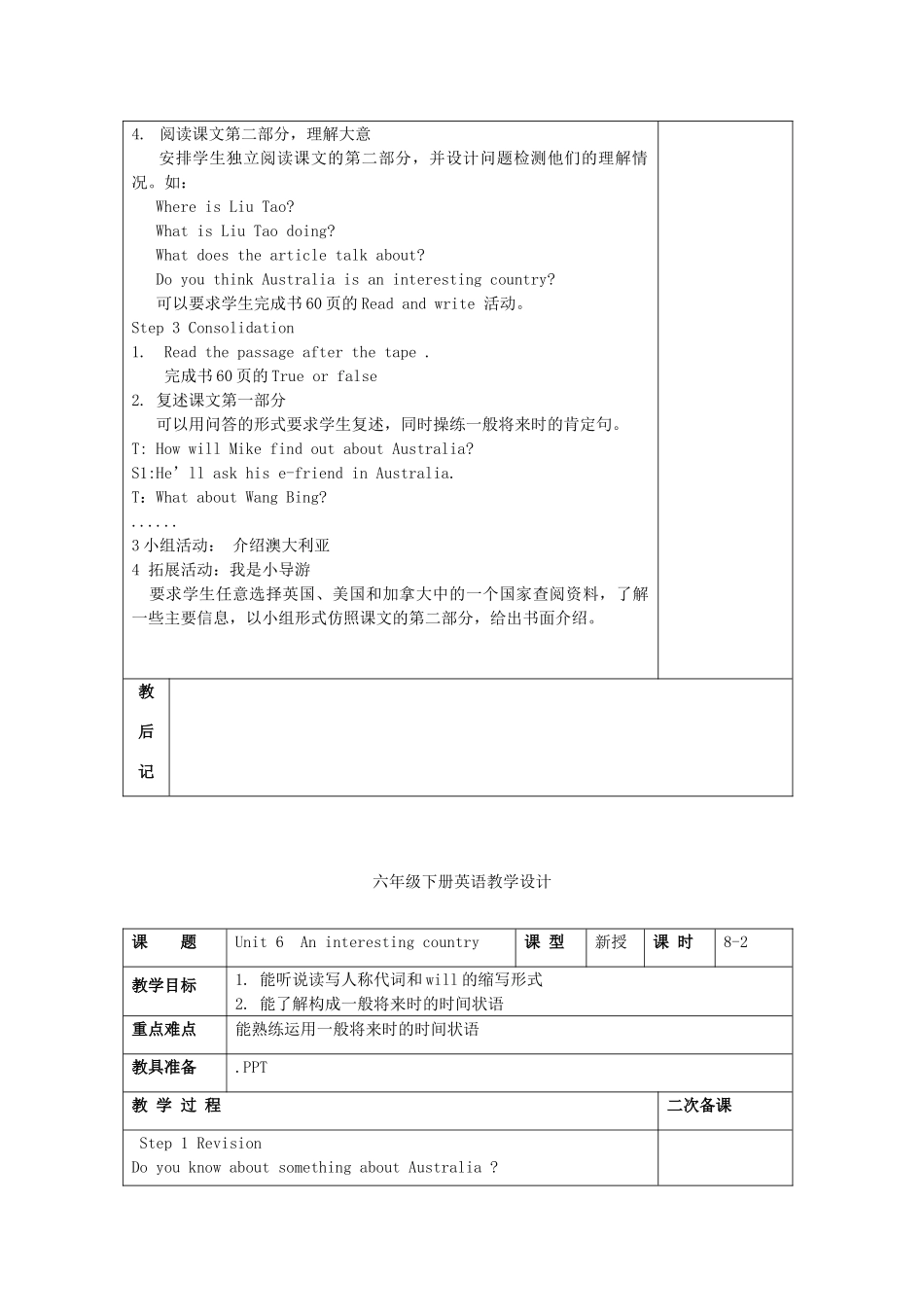六年级英语下册 Unit 6《An interesting country Contents》单元教案 （新版）牛津译林版-牛津版小学六年级下册英语教案_第2页