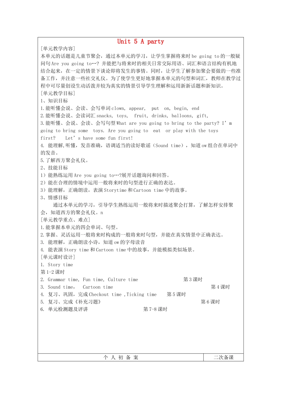 六年级英语下册 Unit 5《A party》单元备课教案 （新版）牛津译林版-牛津版小学六年级下册英语教案_第1页