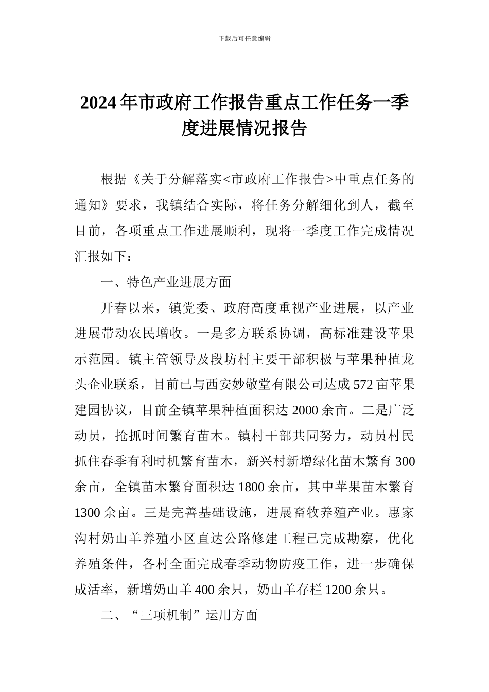 2024年市政府工作报告重点工作任务一季度进展情况报告_第1页