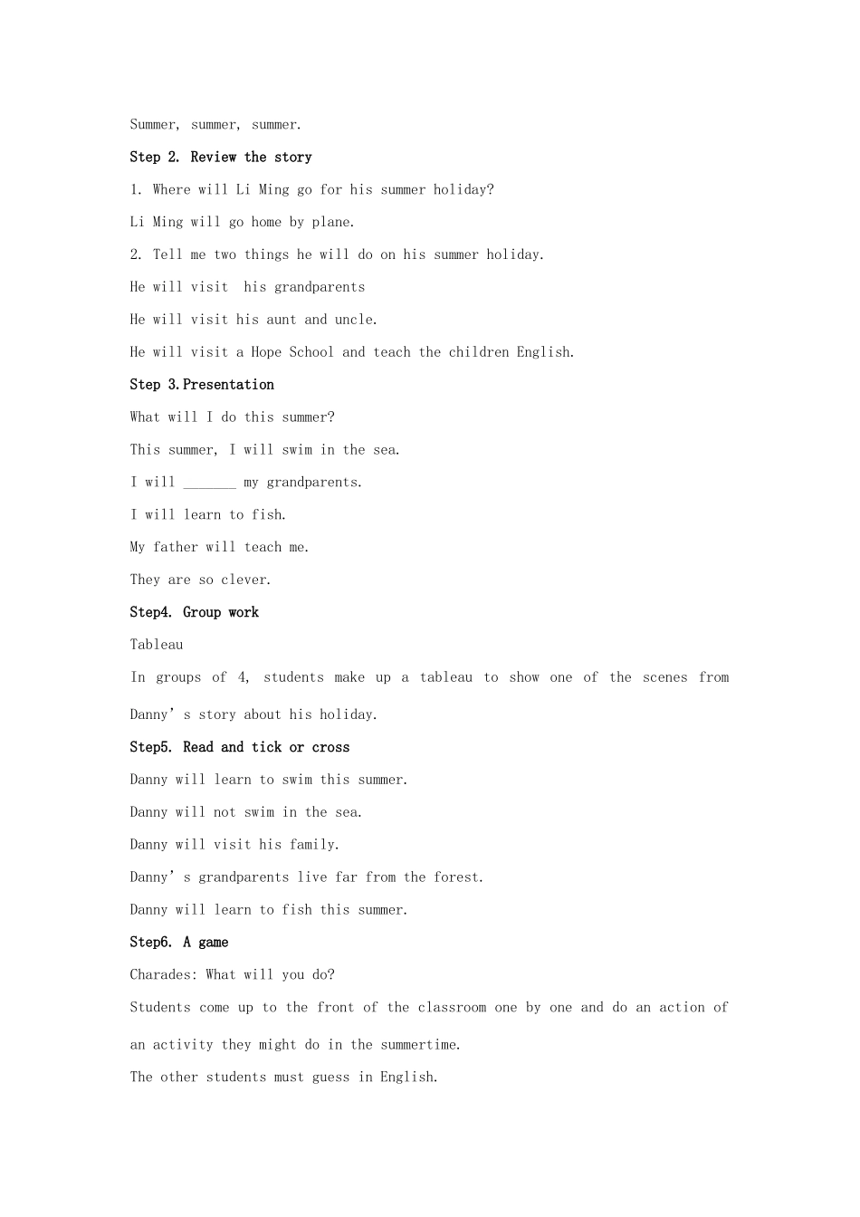 六年级英语下册 Unit 3 Summer is coming Lesson 15 Danny’s Summer Holiday教案 冀教版（一起）-冀教版小学六年级下册英语教案_第2页