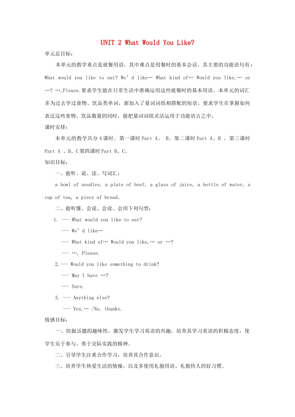 六年级英语下册 Unit 2 What Would You Like教案 陕旅版-陕旅版小学六年级下册英语教案_第1页