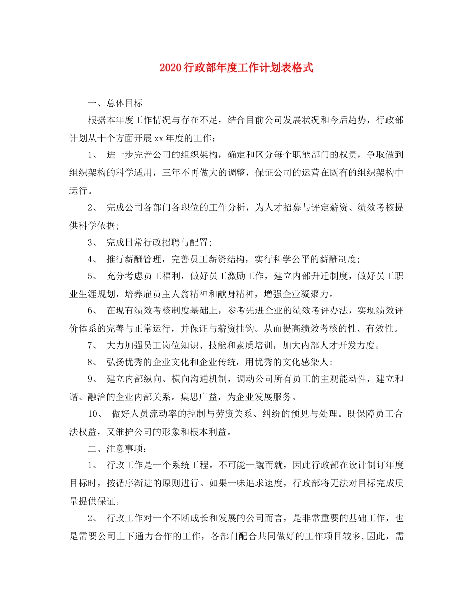 2020行政部年度工作计划表格式 _第1页