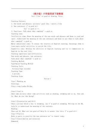 六年级英语下册 Unit 1(1)教案 湘少版