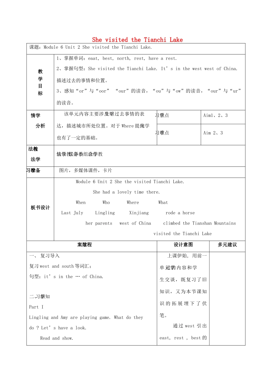 六年级英语下册 Module 6 Unit 2《She visited the Tianchi Lake》教案 外研版（三起）-外研版小学六年级下册英语教案_第1页