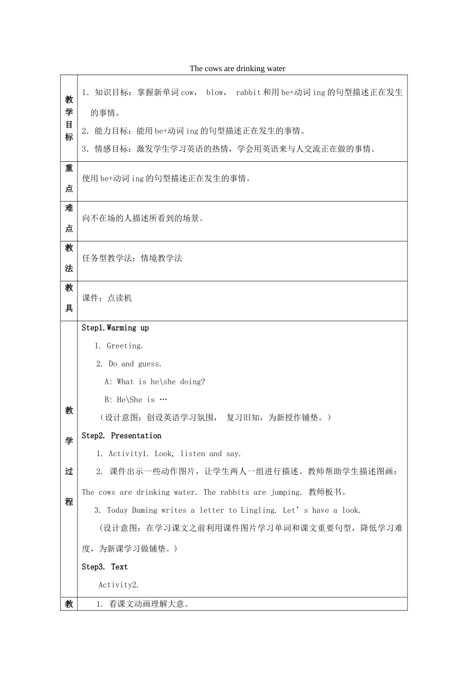 六年级英语下册 Module 3 Unit 2《The cows are drinking water》教案 （新版）外研版（一起）-（新版）外研版小学六年级下册英语教案_第1页
