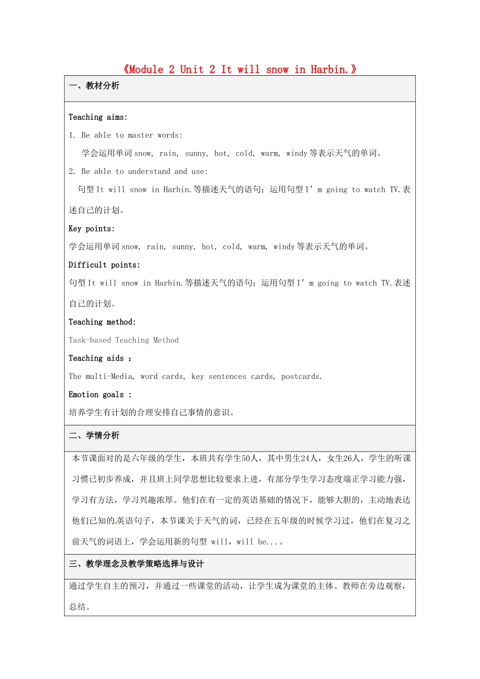 六年级英语下册 Module 2 Unit 2《It will snow in Harbin》教案 外研版（三起）-外研版小学六年级下册英语教案_第1页