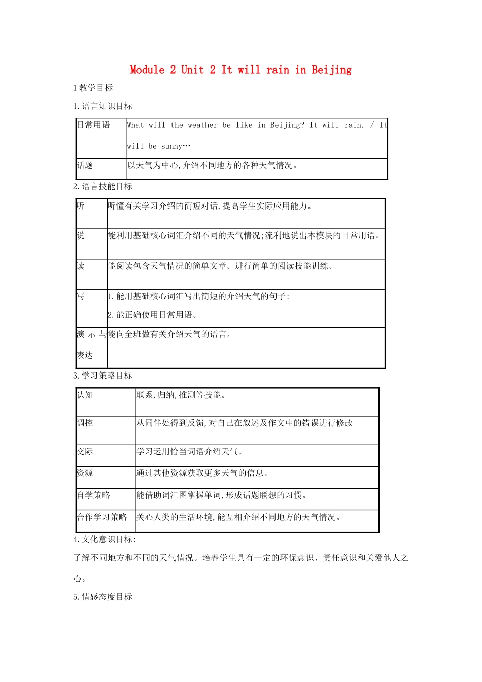 六年级英语下册 module 2 unit 2 it will rain in beijing教案2 外研版（一起）-外研版小学六年级下册英语教案_第1页