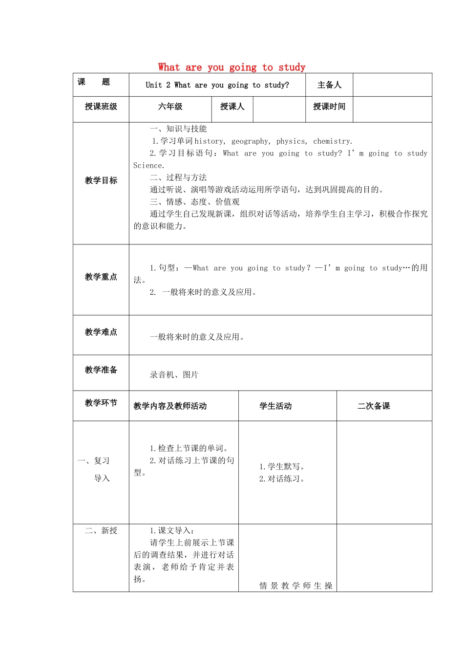 六年级英语下册 Module 10 Unit 2《What are you going to study》教案1 外研版（三起）-外研版小学六年级下册英语教案_第1页