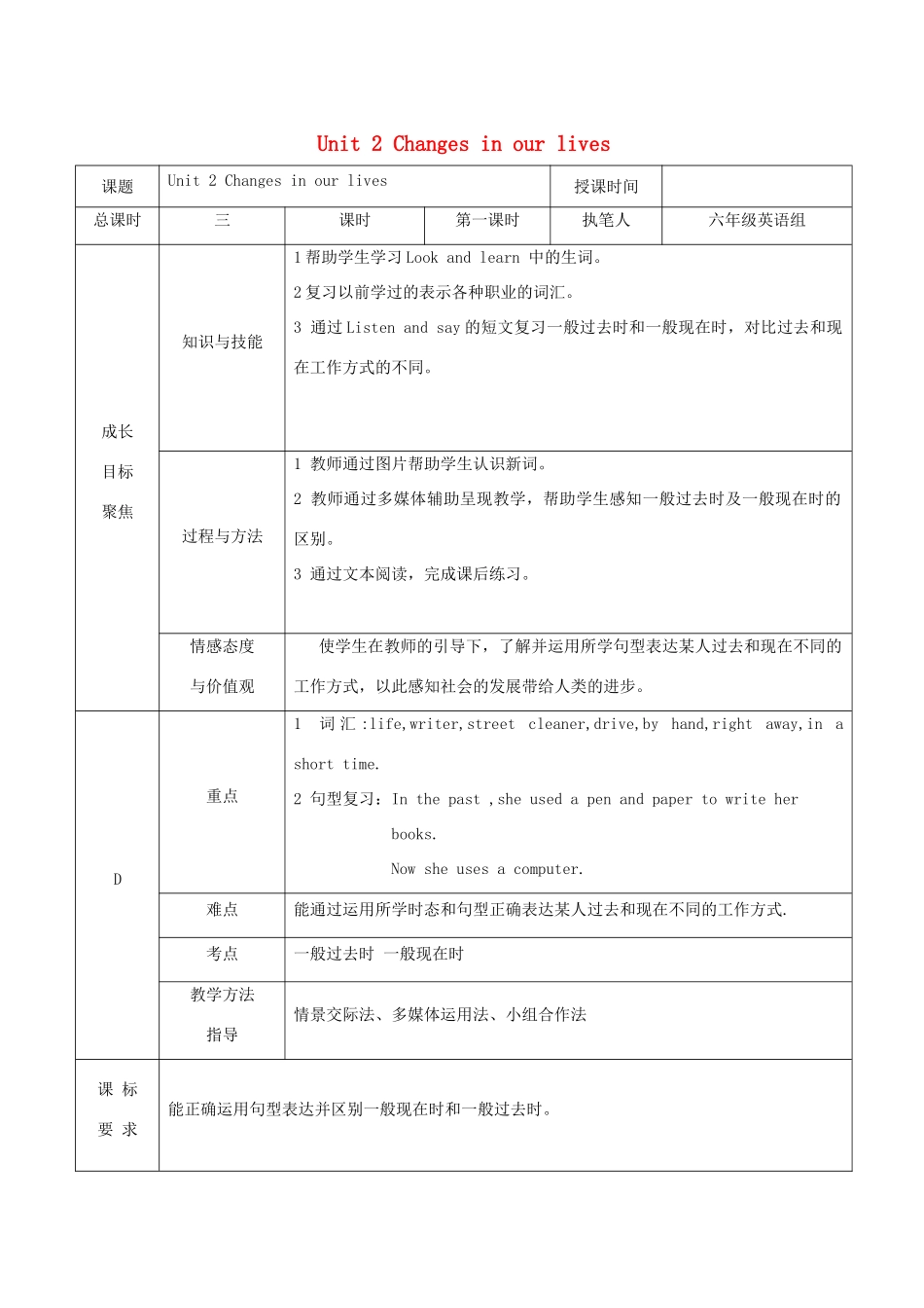 六年级英语下册 Module 1 Changes and differences Unit 2《Changes in our lives》教案 牛津上海版（三起）-牛津上海版小学六年级下册英语教案_第1页
