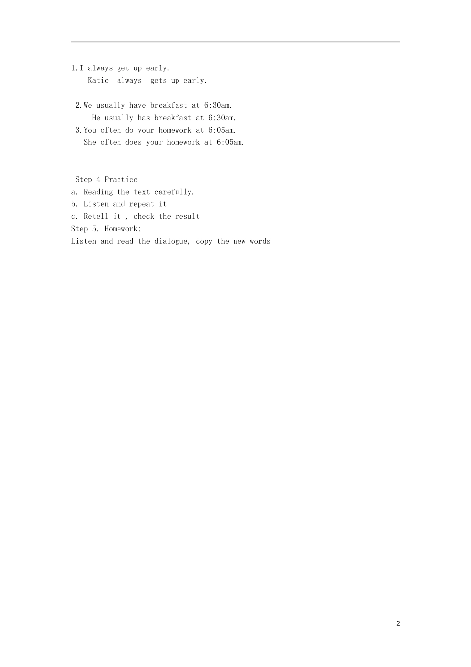 六年级英语上册 Unit2 Katie always gets up early（第1课时）教案 （新版）湘少版_第2页