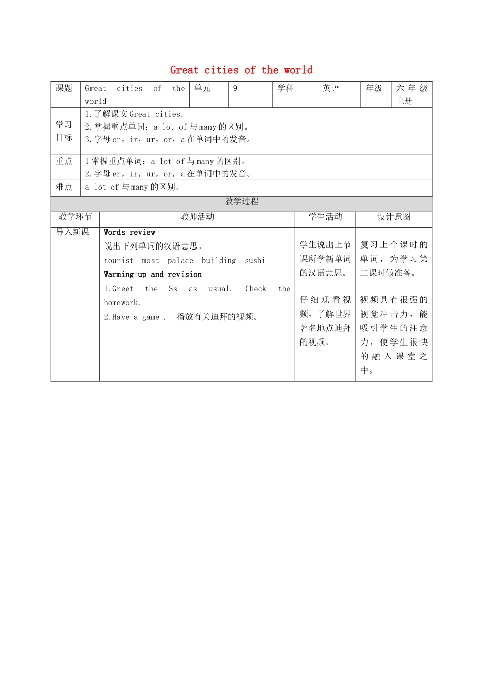六年级英语上册 Unit 9《Great cities of the world》（第2课时）教案 牛津上海版（深圳用）-牛津上海版小学六年级上册英语教案_第1页