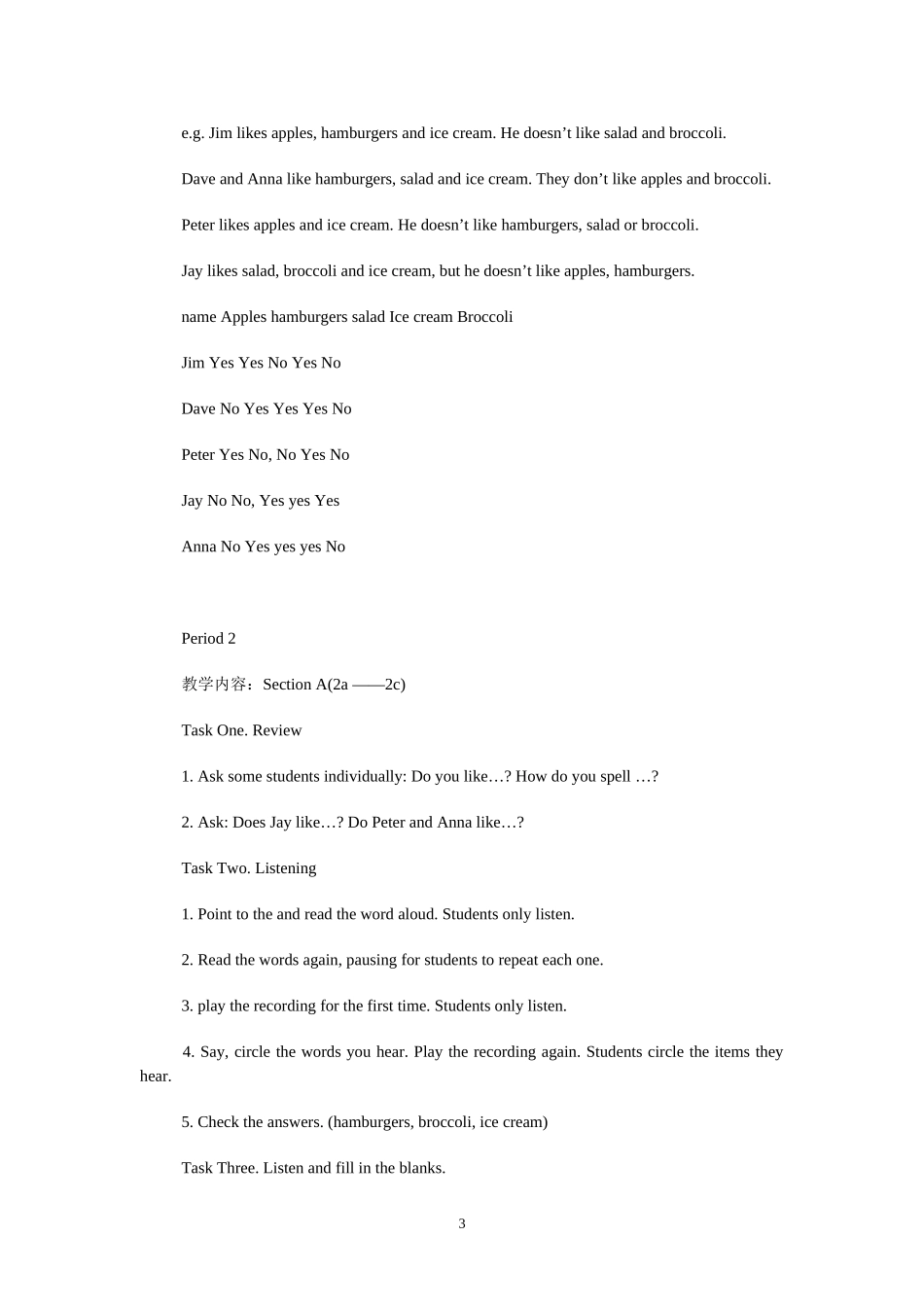 六年级英语上册 Unit 9 Do you like bananas教案(2) 鲁教版_第3页