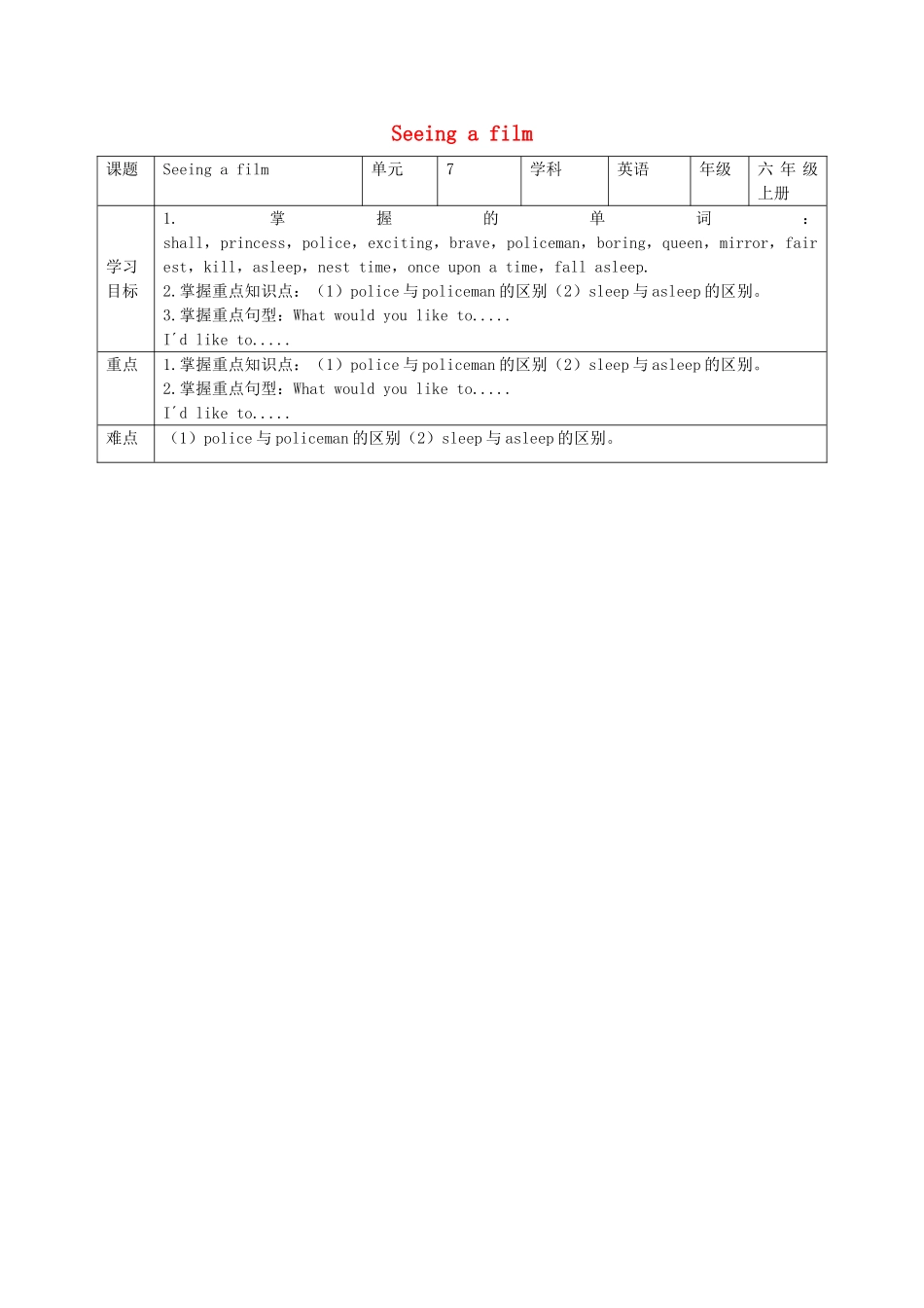 六年级英语上册 Unit 7《Seeing a film》（第1课时）教案 牛津上海版（深圳用）-牛津上海版小学六年级上册英语教案_第1页
