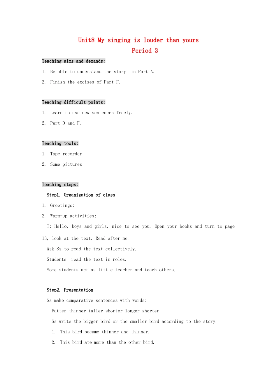 六年级英语上册 Unit 8 My singing is louder than yours教案 湘少版-湘少版小学六年级上册英语教案_第1页