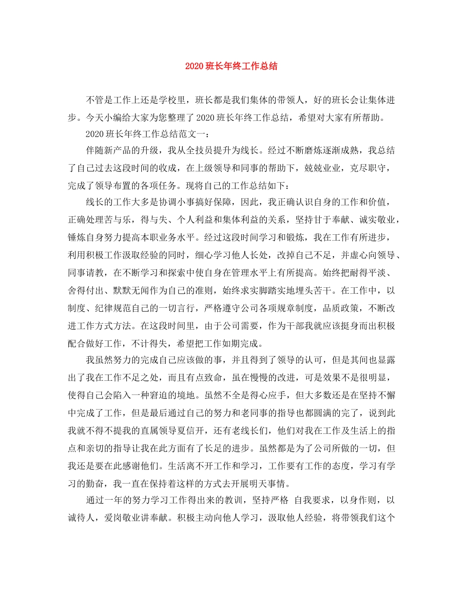 2020班长年终工作总结 _第1页