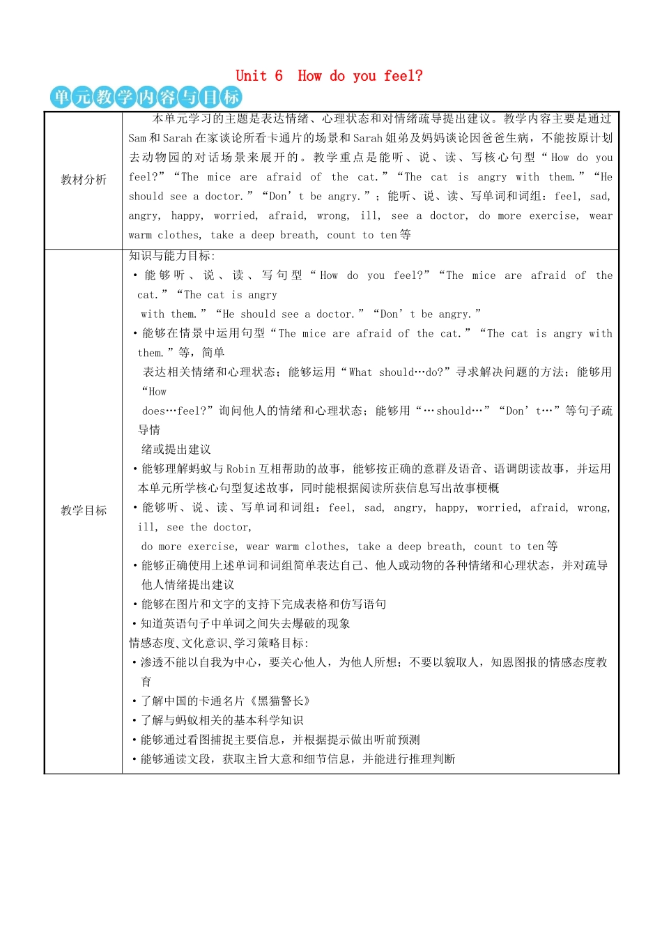 六年级英语上册 Unit 6 How do you feel（第一课时）教案 人教PEP版-人教PEP小学六年级上册英语教案_第1页