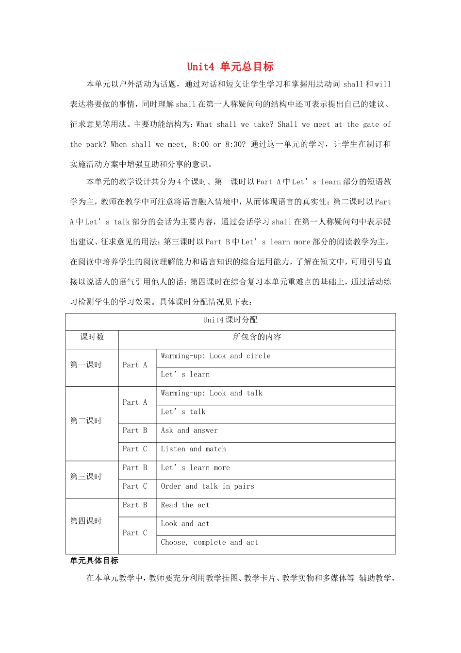 六年级英语上册 Unit 4 Let’s Go on a Picnic单元总目标 陕旅版-陕旅版小学六年级上册英语教案_第1页