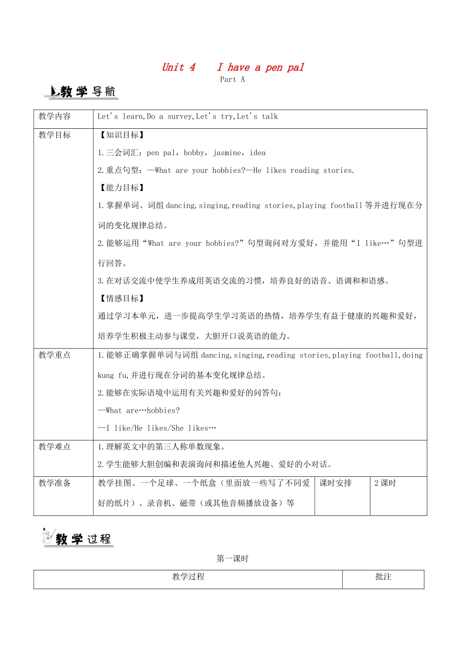 六年级英语上册 Unit 4 I have a pen pal单元教案1 人教PEP版-人教PEP小学六年级上册英语教案_第1页