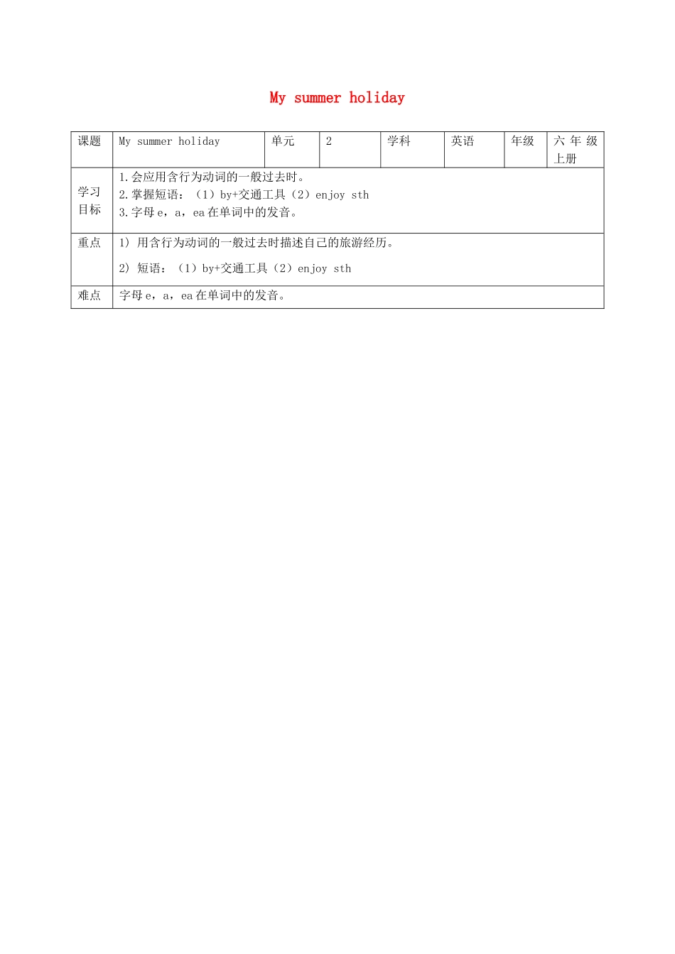 六年级英语上册 Unit 2《My summer holiday》（第2课时）教案 牛津上海版（深圳用）-牛津上海版小学六年级上册英语教案_第1页