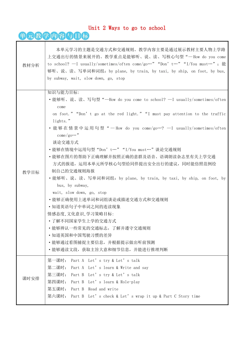 六年级英语上册 Unit 2 Ways to go to school（第一课时）教案 人教PEP版-人教PEP小学六年级上册英语教案_第1页
