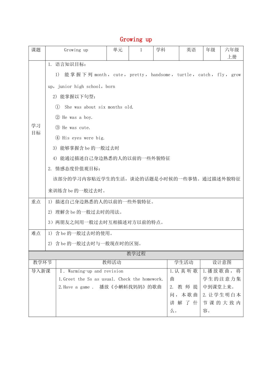 六年级英语上册 Unit 1《Growing up》（第1课时）教案 牛津上海版（深圳用）-牛津上海版小学六年级上册英语教案_第1页