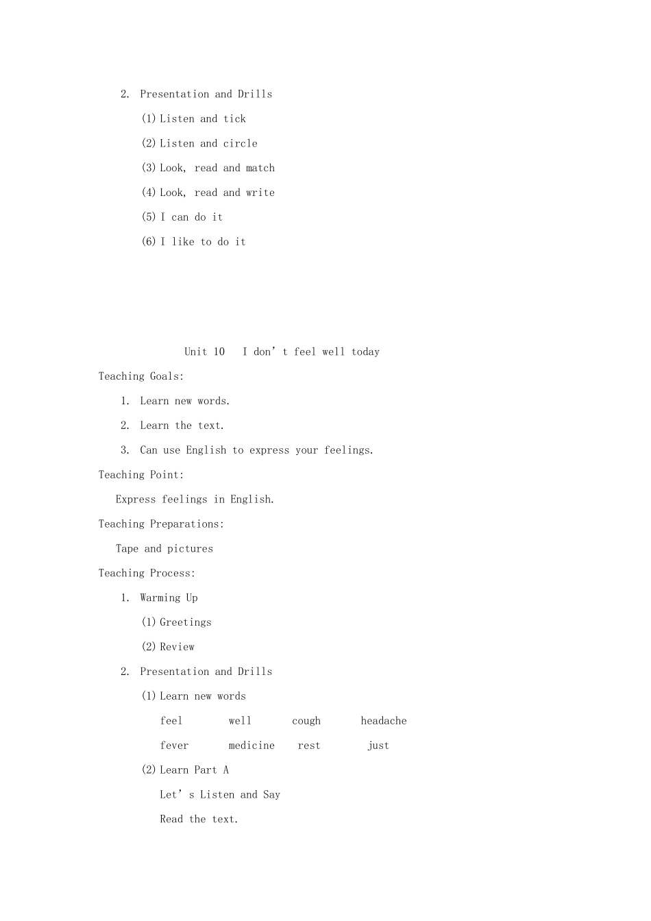 六年级英语上册 Unit 10 I don’t feel well today教案 湘少版-湘少版小学六年级上册英语教案_第2页