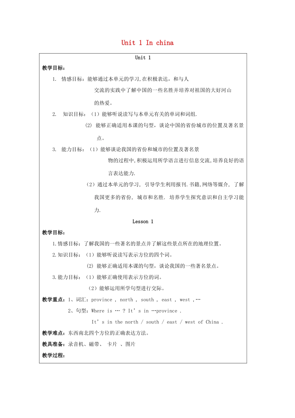 六年级英语上册 Unit 1 In china（Lesson 1-2）教案 人教新起点-人教新起点小学六年级上册英语教案_第1页