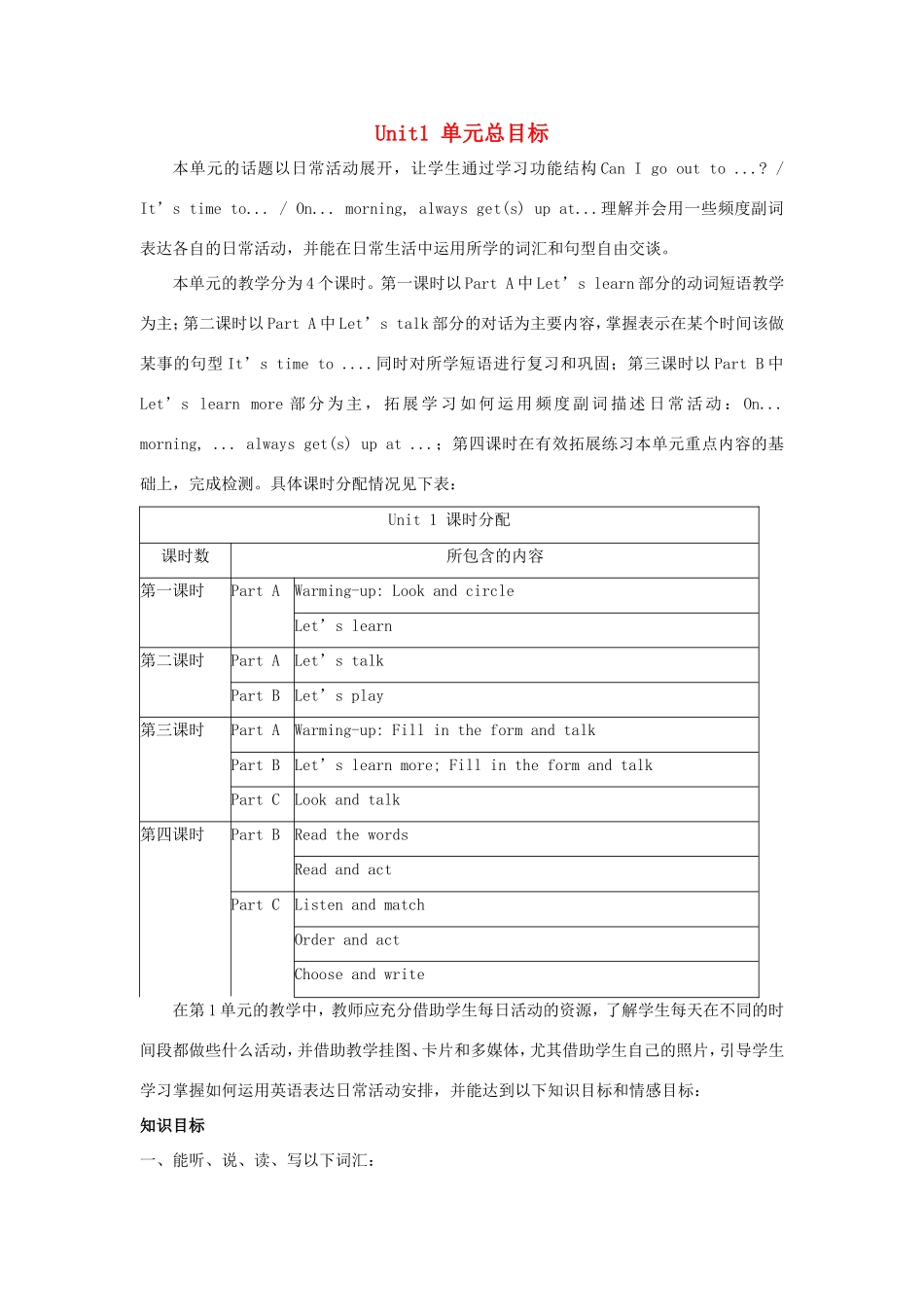 六年级英语上册 Unit 1 It’s Time to Play the Violin单元总目标 陕旅版-陕旅版小学六年级上册英语教案_第1页