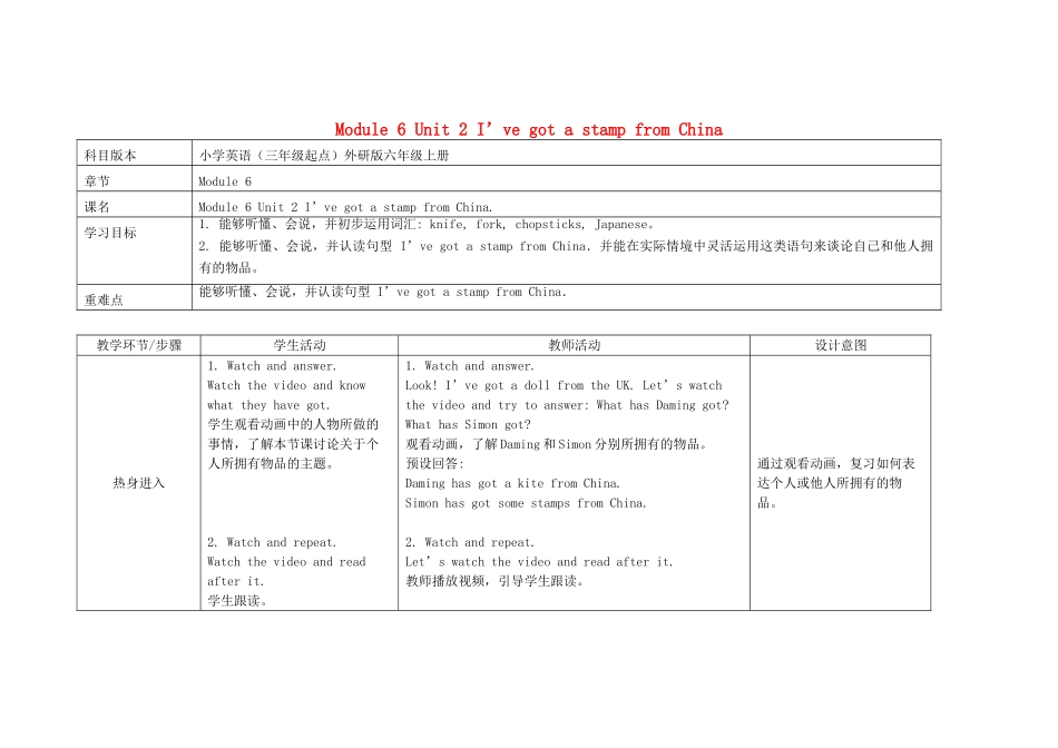 六年级英语上册 Module 6 Unit 2 I've got a stamp from China教案 外研版（三起）-外研版小学六年级上册英语教案_第1页