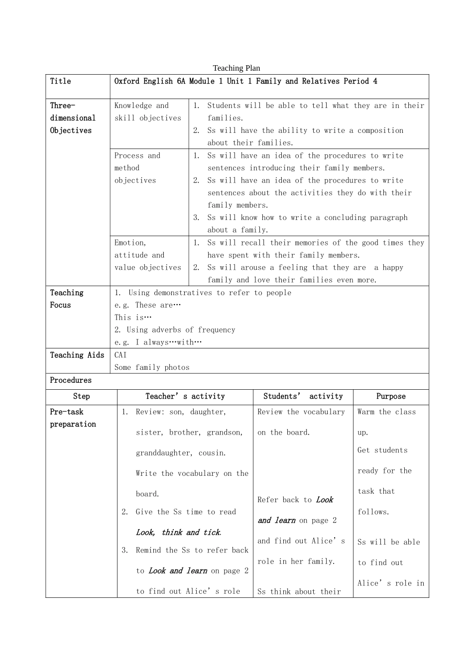 六年级英语上册 Module 1Unit 1 Meet my family教案 沪教牛津版-沪教牛津版小学六年级上册英语教案_第1页