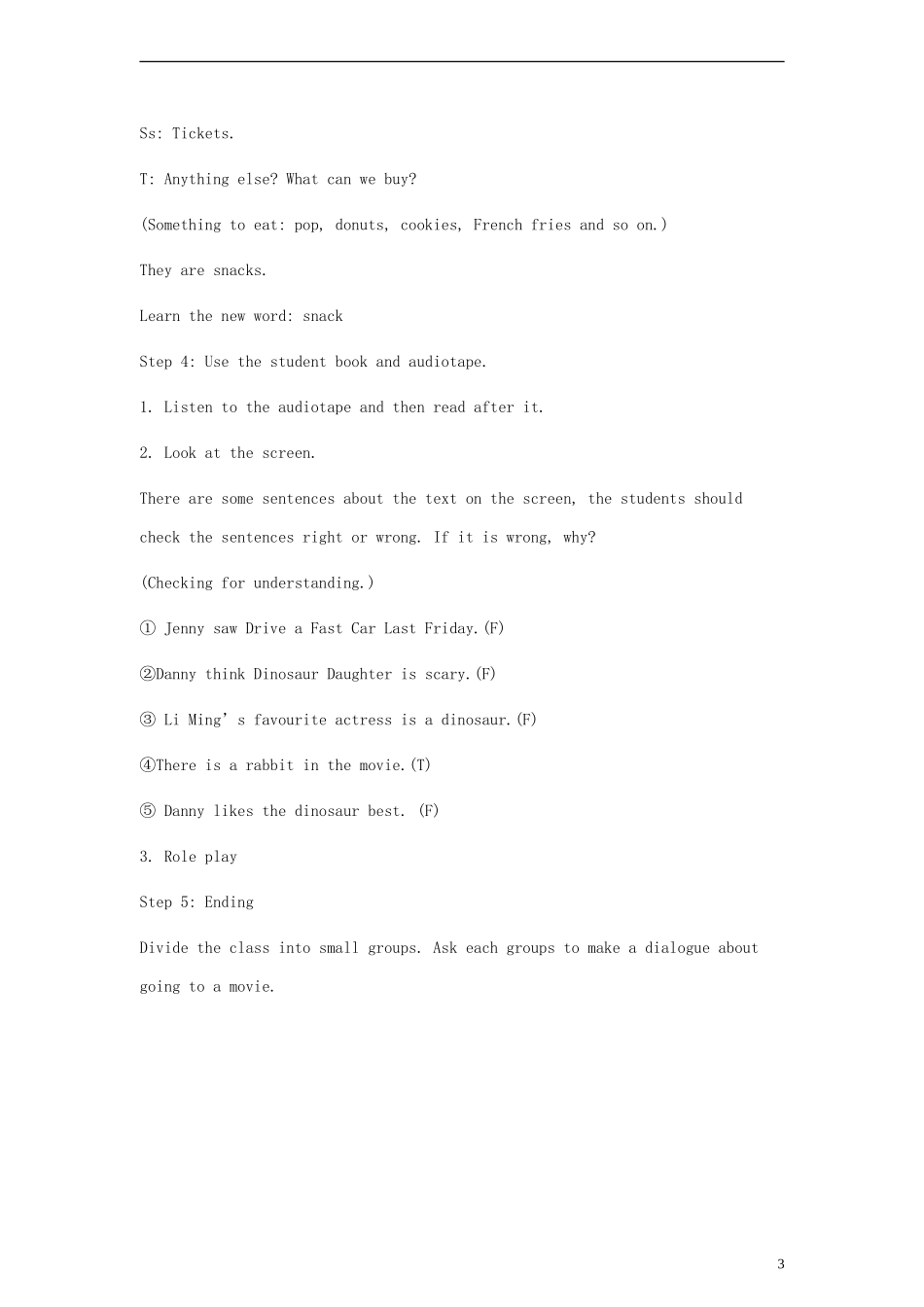 六年级英语上册 Lesson5 At the Movies教案 冀教版（一起）_第3页
