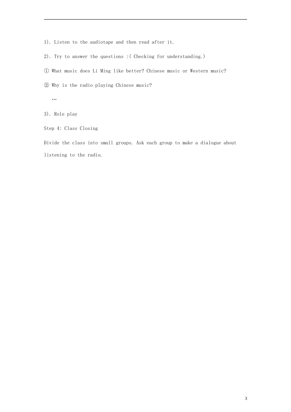 六年级英语上册 Lesson3 Let’s Listen to the Radio教案 冀教版（一起）_第3页