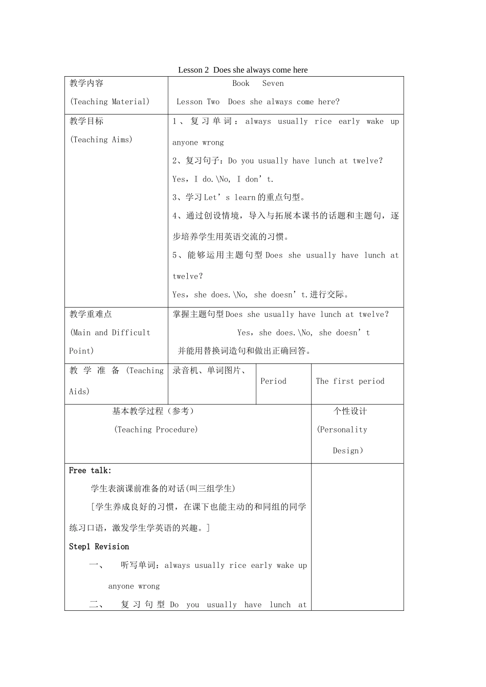 六年级英语上册 Lesson 2 Does she always come here教案 科普版-人教版小学六年级上册英语教案_第1页
