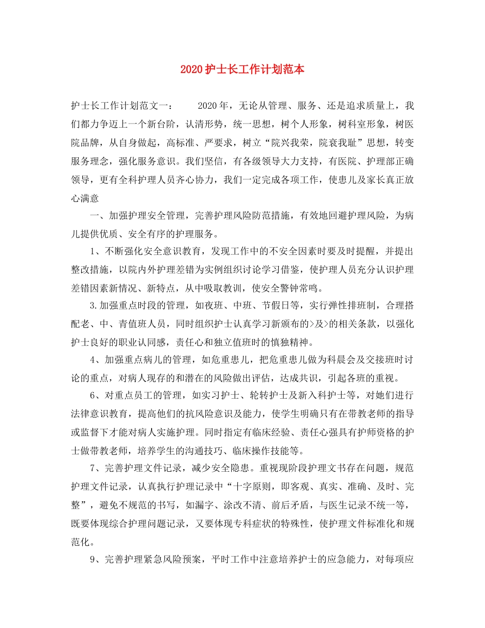 2020护士长工作计划范本 _第1页