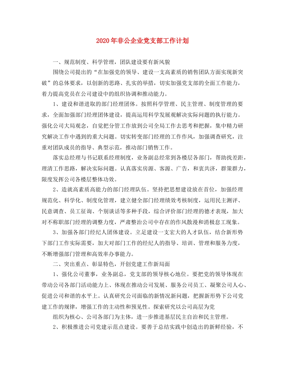 2020年非公企业党支部工作计划 _第1页