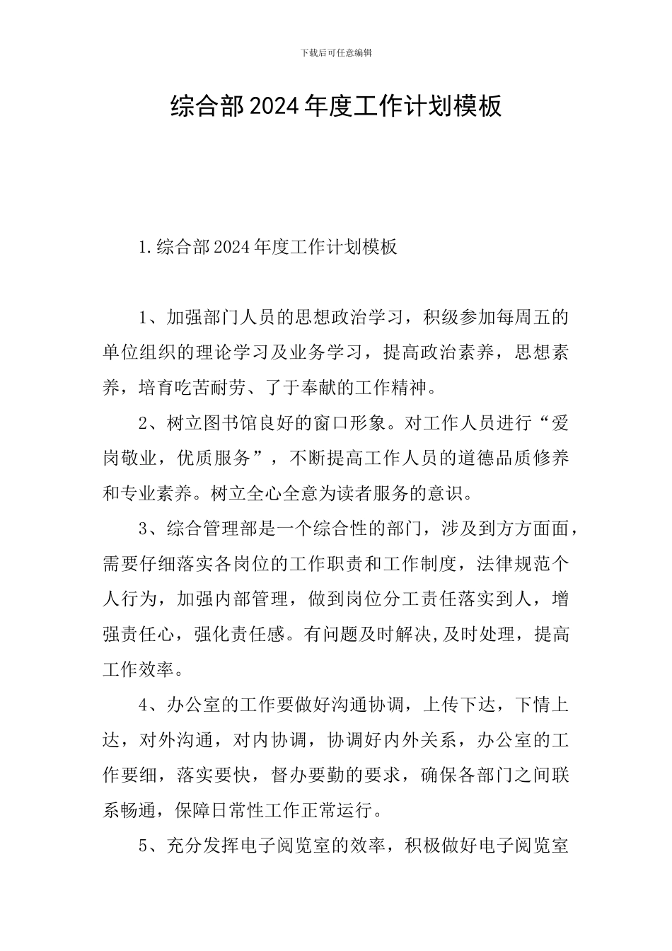 综合部2024年度工作计划模板_第1页