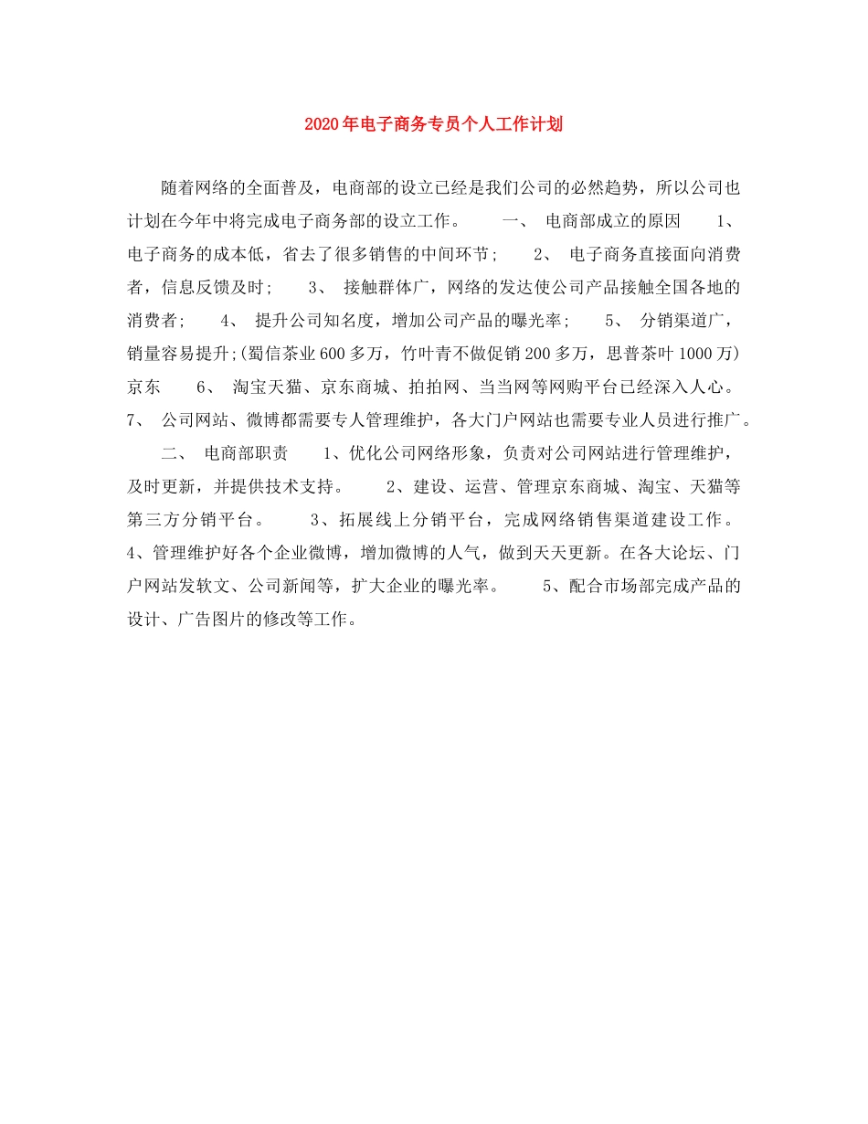 2020年电子商务专员个人工作计划 _第1页