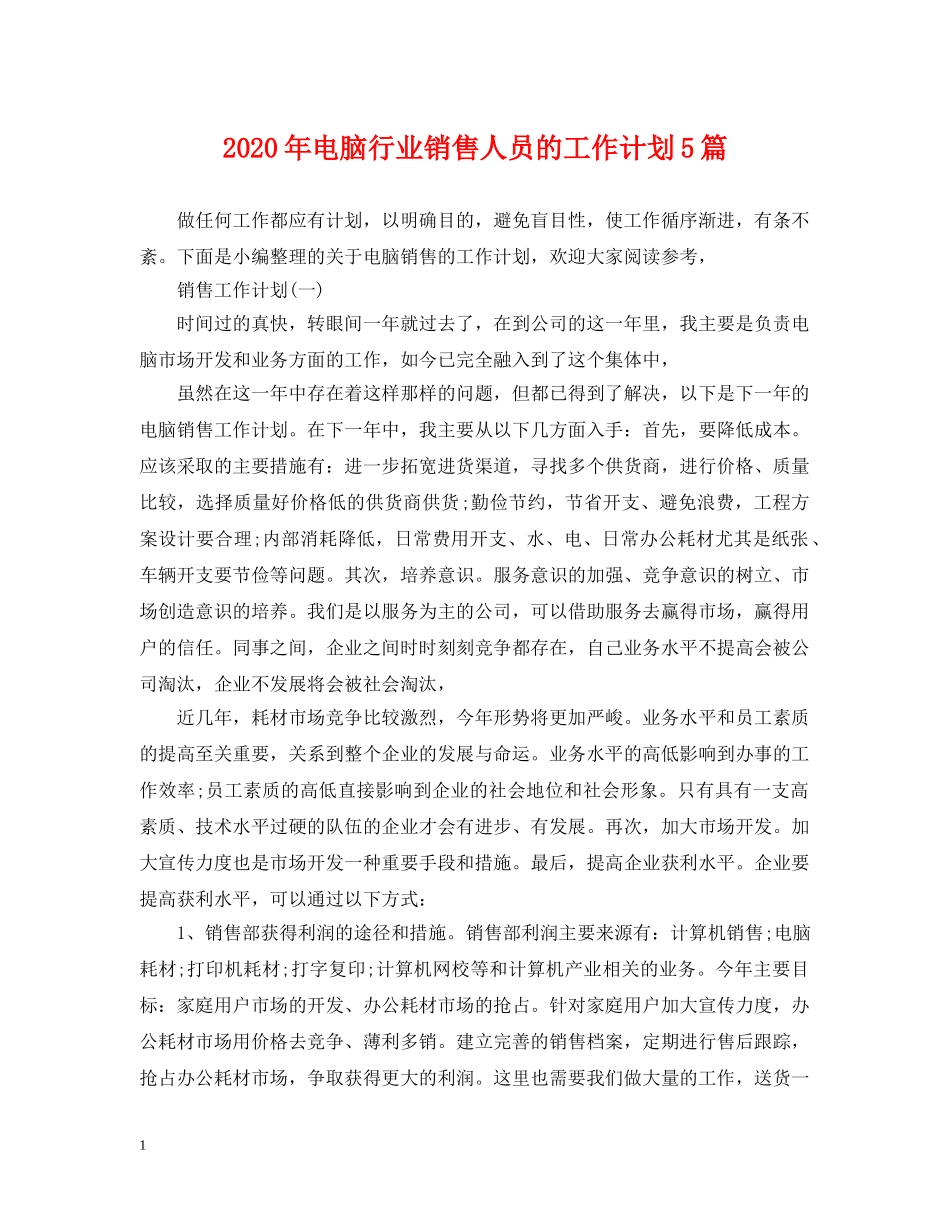 2020年电脑行业销售人员的工作计划5篇 _第1页