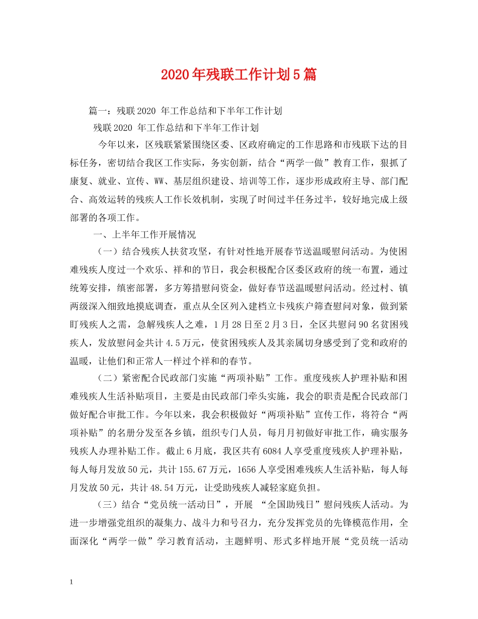 2020年残联工作计划5篇 _第1页