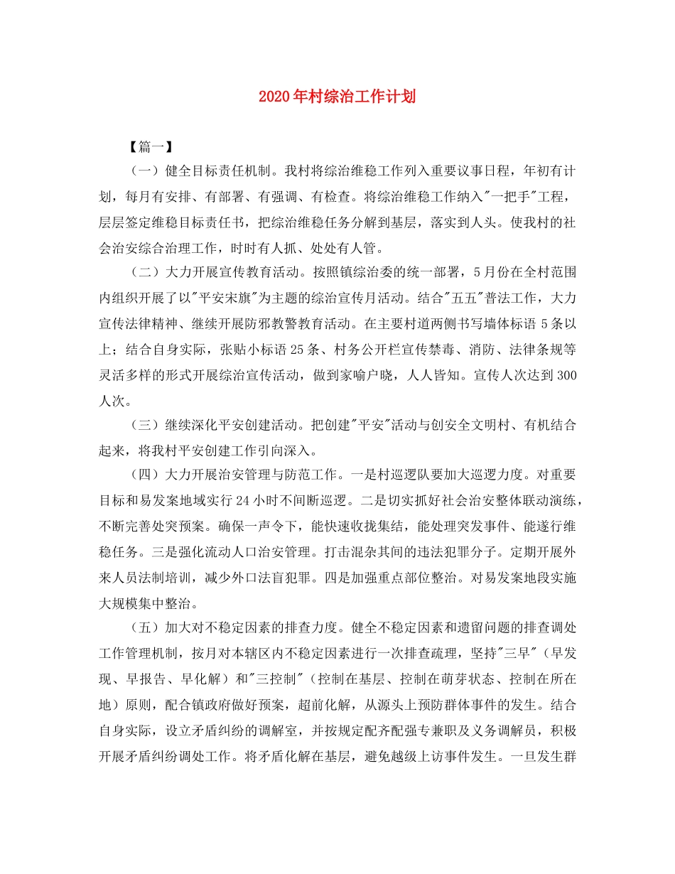 2020年村综治工作计划 _第1页