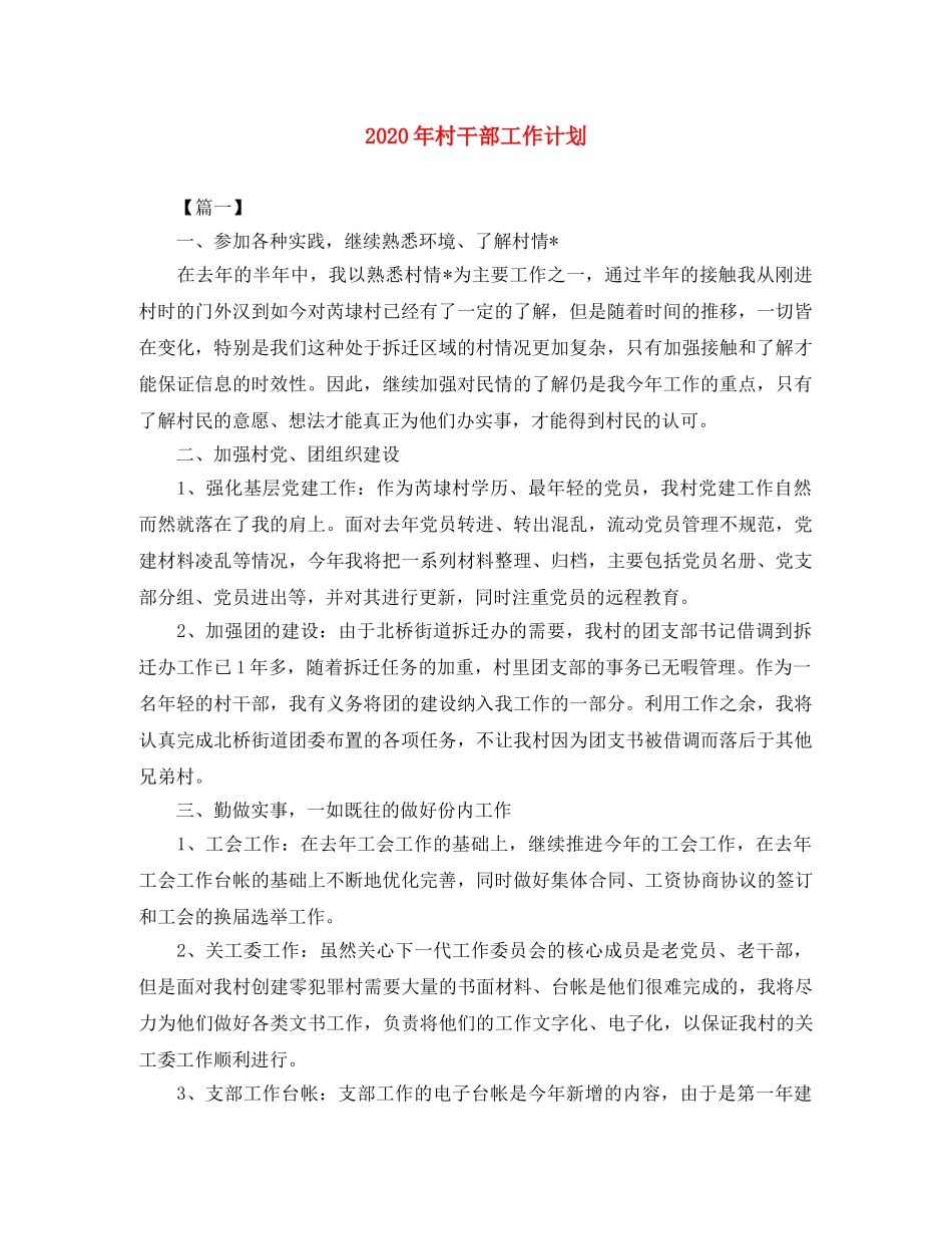 2020年村干部工作计划 _第1页