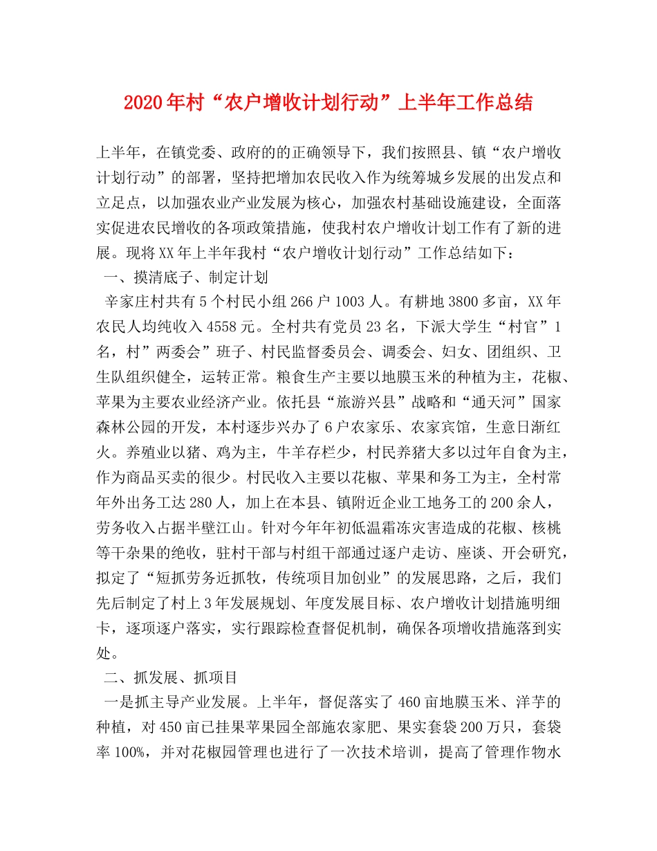2020年村“农户增收计划行动”上半年工作总结 _第1页