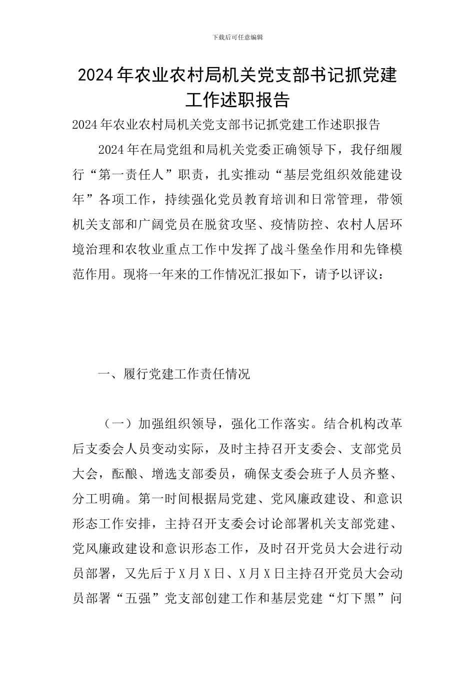 2024年农业农村局机关党支部书记抓党建工作述职报告_第1页