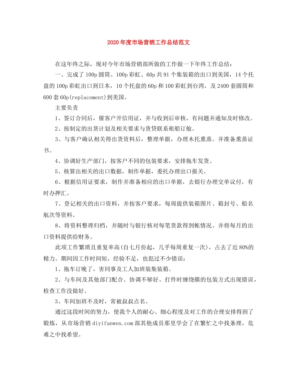 2020年度市场营销工作总结范文 _第1页