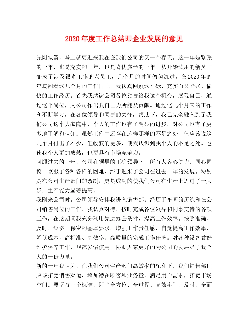 2020年度工作总结即企业发展的意见 _第1页