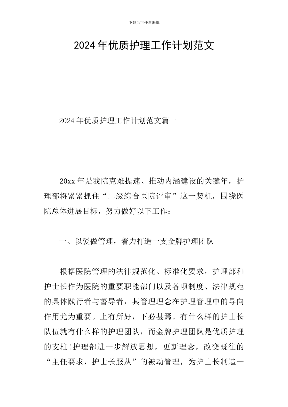 2024年优质护理工作计划范文_第1页