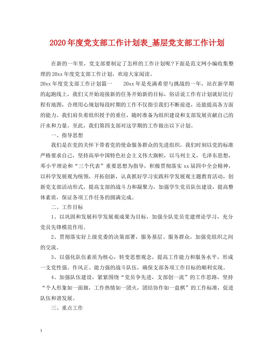 2020年度党支部工作计划表_基层党支部工作计划 _第1页
